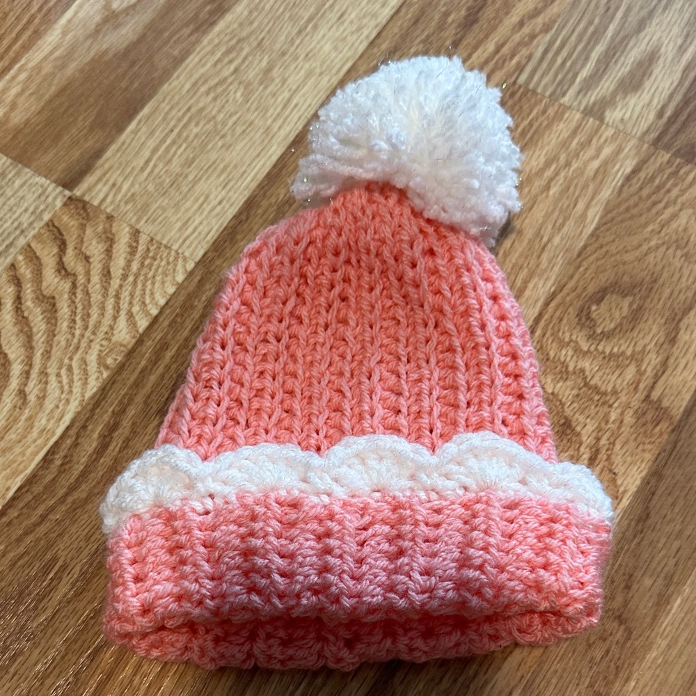 Pink and White Knit Beanie with Pom Pom